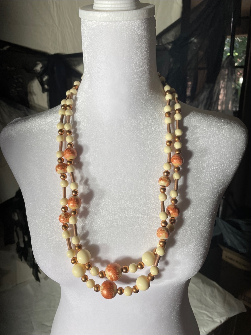 Elegant Cream and Copper-Tone Beaded Double Strand Necklace